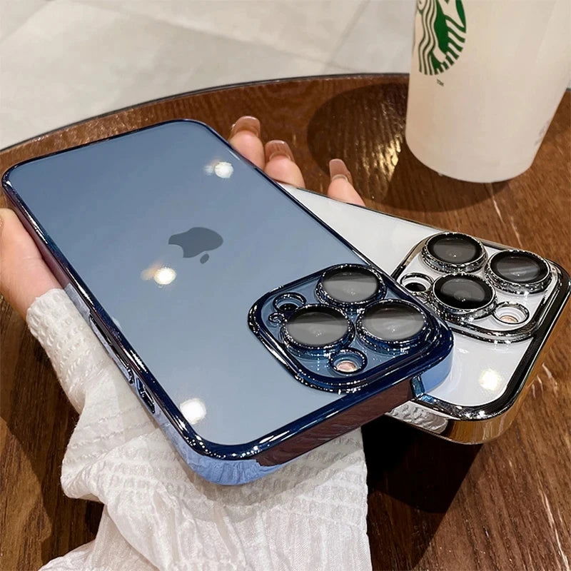 Transparent Plating Silicone Shockproof Phone Cases For iPhone 15 14 13 12 11 Pro Max Plus Clear Bumper Case Cover Accessories - Slobuy