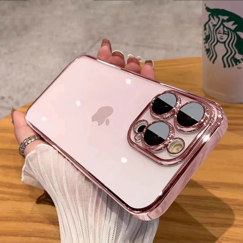 Transparent Plating Silicone Shockproof Phone Cases For iPhone 15 14 13 12 11 Pro Max Plus Clear Bumper Case Cover Accessories - Slobuy