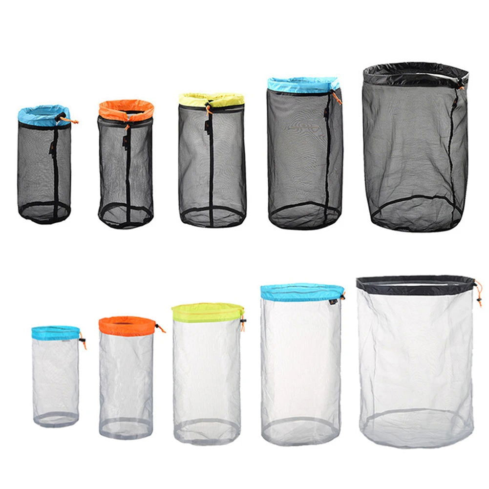 Travel Mesh Storage Bag Ultralight Outdoor Drawstring Stuff Sack Camping Traveling Organizer Hiking Tool Accessories Multi Bags - Slobuy