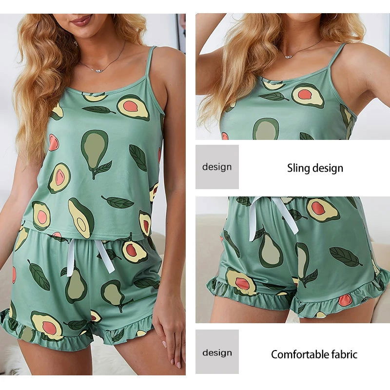 Two Piece Summer Women Pajamas Sexy Avocadoprint Sleeveless Silk Satin Cami Top Shorts Sleepwear Home Clothes For Women Loungewe - Slobuy