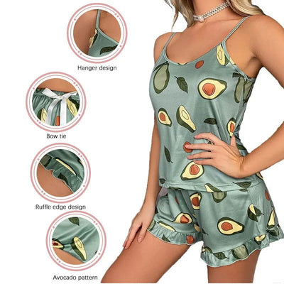 Two Piece Summer Women Pajamas Sexy Avocadoprint Sleeveless Silk Satin Cami Top Shorts Sleepwear Home Clothes For Women Loungewe - Slobuy