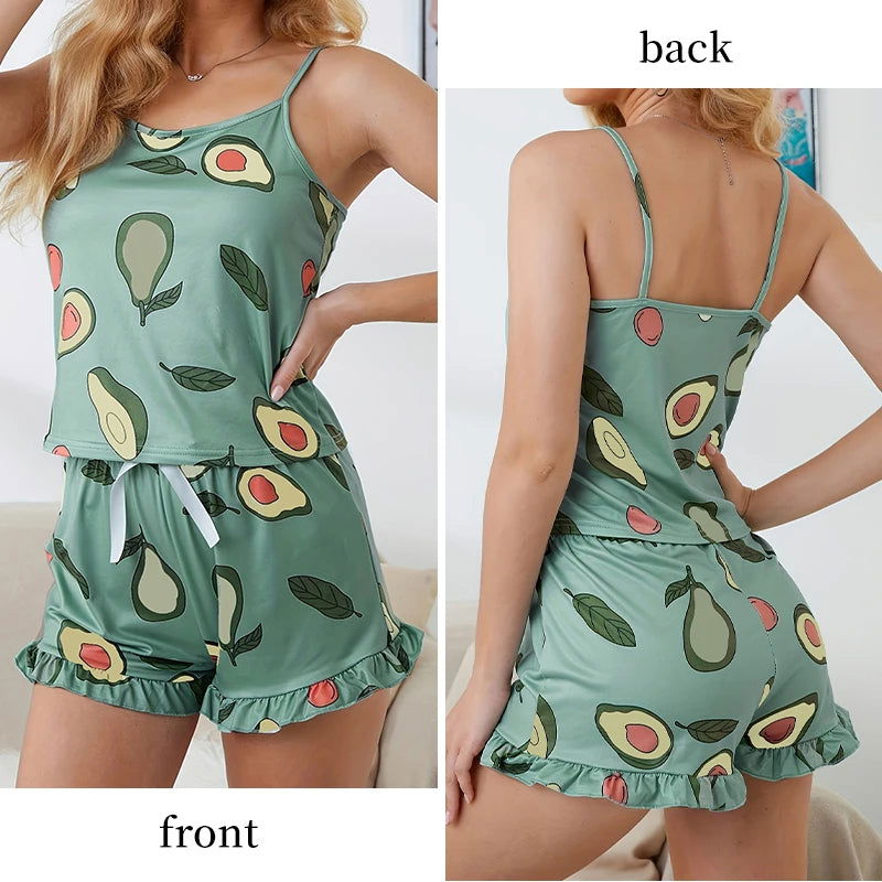 Two Piece Summer Women Pajamas Sexy Avocadoprint Sleeveless Silk Satin Cami Top Shorts Sleepwear Home Clothes For Women Loungewe - Slobuy
