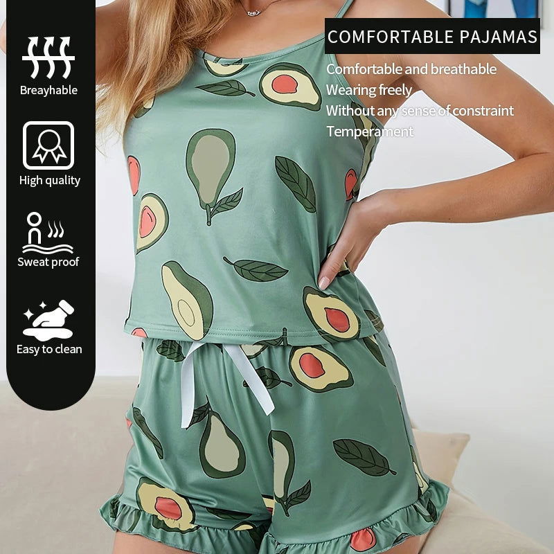 Two Piece Summer Women Pajamas Sexy Avocadoprint Sleeveless Silk Satin Cami Top Shorts Sleepwear Home Clothes For Women Loungewe - Slobuy