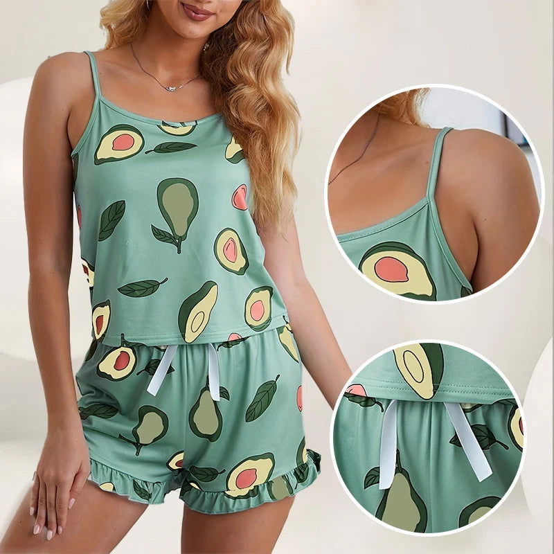 Two Piece Summer Women Pajamas Sexy Avocadoprint Sleeveless Silk Satin Cami Top Shorts Sleepwear Home Clothes For Women Loungewe - Slobuy