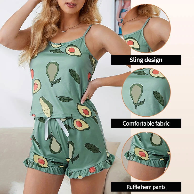 Two Piece Summer Women Pajamas Sexy Avocadoprint Sleeveless Silk Satin Cami Top Shorts Sleepwear Home Clothes For Women Loungewe - Slobuy
