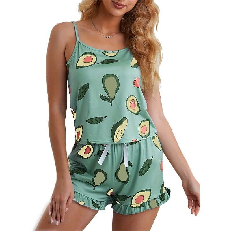 Two Piece Summer Women Pajamas Sexy Avocadoprint Sleeveless Silk Satin Cami Top Shorts Sleepwear Home Clothes For Women Loungewe - Slobuy