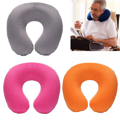 U-shaped Travel Pillow Car Air Flight Office Inflatable Neck Pillow Short Plush Cover PVC Support Headrest Soft Nursing Cushion - Slobuy