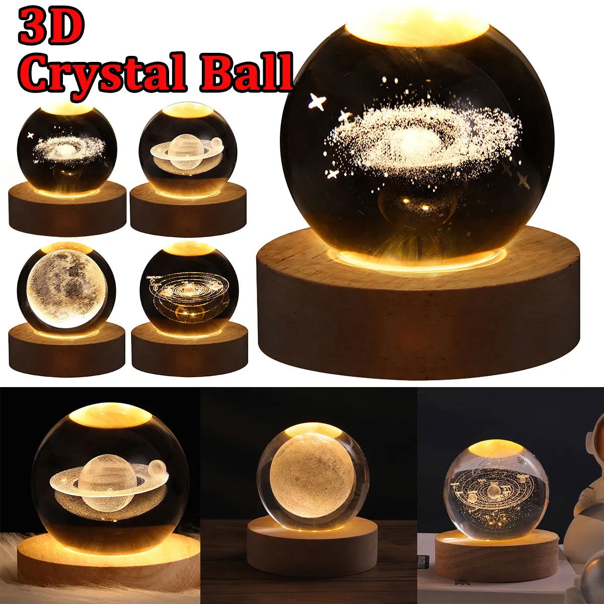 USB LED night light, Galaxy Crystal Ball lamp, 3D planet moon lamp, home decoration - Slobuy