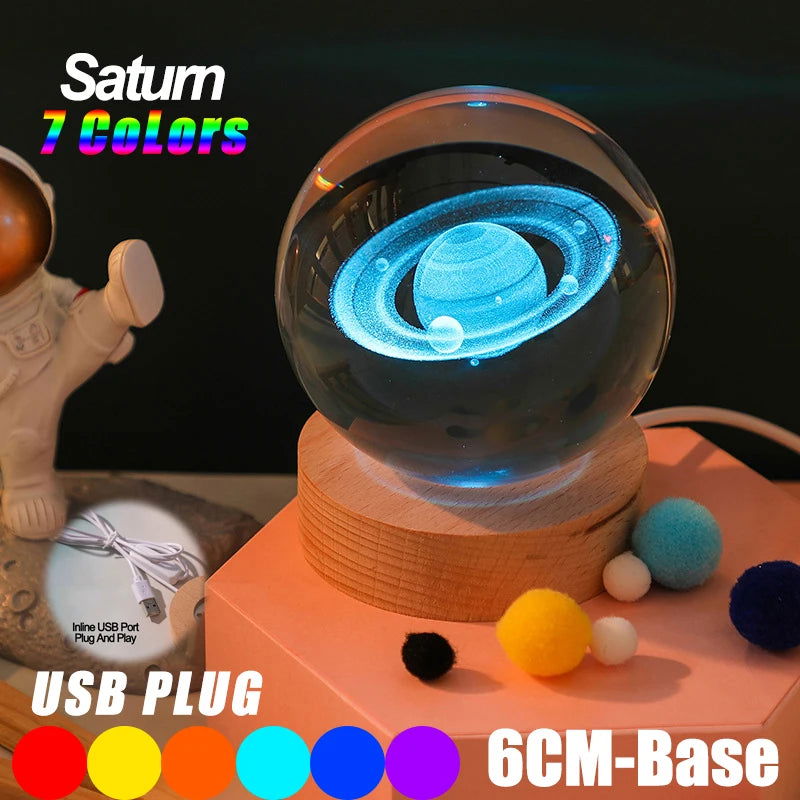 USB LED night light, Galaxy Crystal Ball lamp, 3D planet moon lamp, home decoration - Slobuy