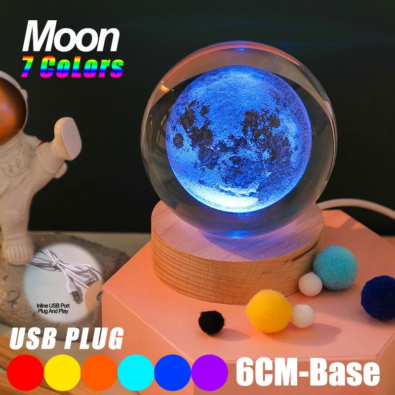 USB LED night light, Galaxy Crystal Ball lamp, 3D planet moon lamp, home decoration - Slobuy