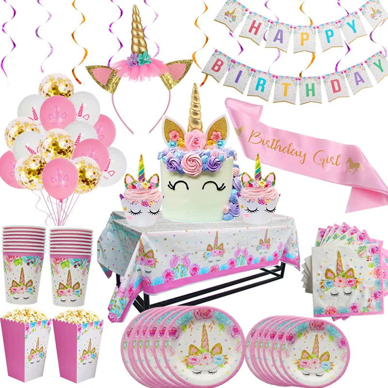 Unicorn Plate Napkin Cups Unicorn Party Supplies Balloons Kids Birthday Party Decoration Baby Shower Girl Kid Birthday Supplies - Slobuy