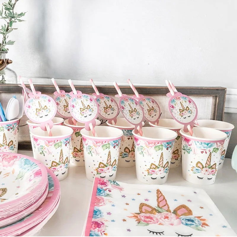 Unicorn Plate Napkin Cups Unicorn Party Supplies Balloons Kids Birthday Party Decoration Baby Shower Girl Kid Birthday Supplies - Slobuy