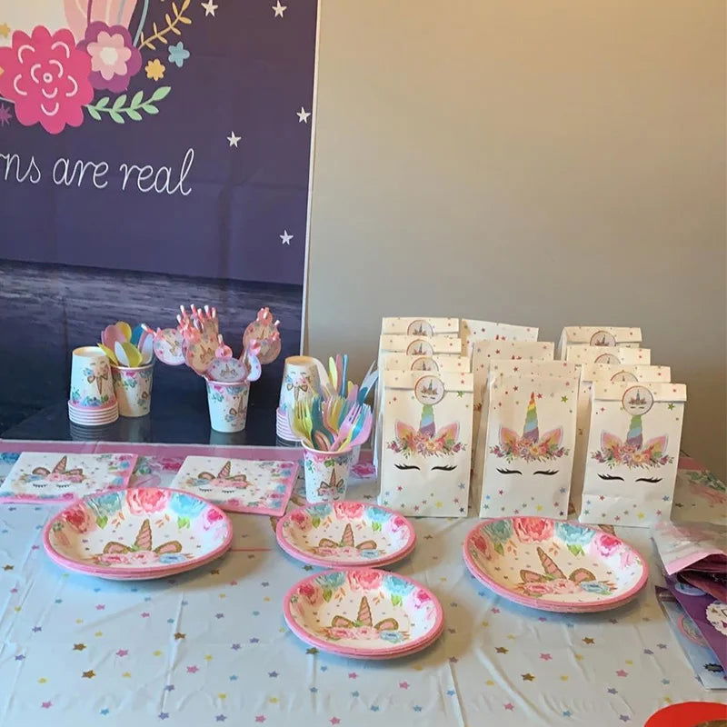 Unicorn Plate Napkin Cups Unicorn Party Supplies Balloons Kids Birthday Party Decoration Baby Shower Girl Kid Birthday Supplies - Slobuy