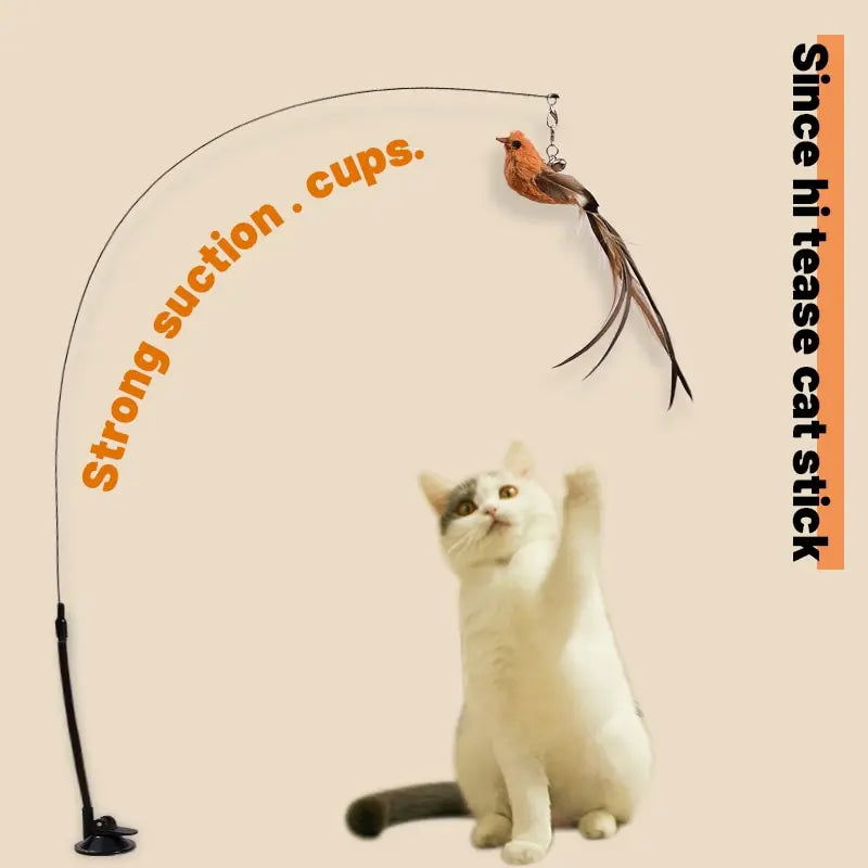 Upgraded Epoxy Sucker Steel Wire Long Rod Feather Cat Teasing Stick Cat Self Hi No Harmful Ingredients - Slobuy