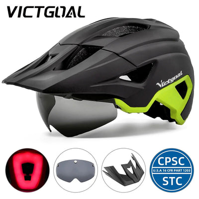 VICTGOAL LED Bike Helmet With Sun Goggle Visor Rechargeable LED Men Bicycle Helmet Sunglasses Shield Road MTB Cycling Helmets - Slobuy