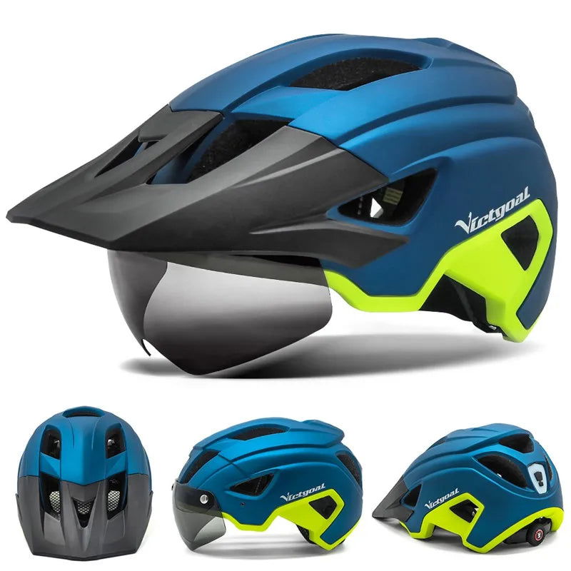 VICTGOAL LED Bike Helmet With Sun Goggle Visor Rechargeable LED Men Bicycle Helmet Sunglasses Shield Road MTB Cycling Helmets - Slobuy