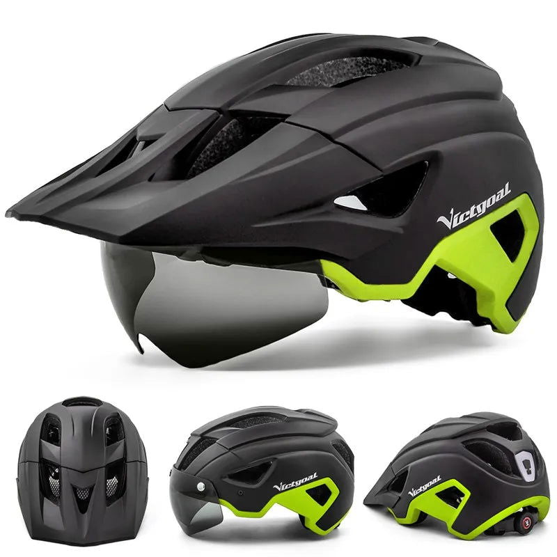VICTGOAL LED Bike Helmet With Sun Goggle Visor Rechargeable LED Men Bicycle Helmet Sunglasses Shield Road MTB Cycling Helmets - Slobuy