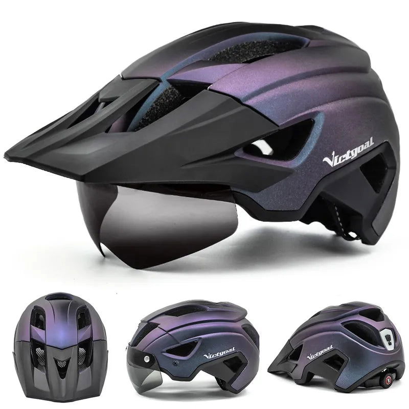 VICTGOAL LED Bike Helmet With Sun Goggle Visor Rechargeable LED Men Bicycle Helmet Sunglasses Shield Road MTB Cycling Helmets - Slobuy