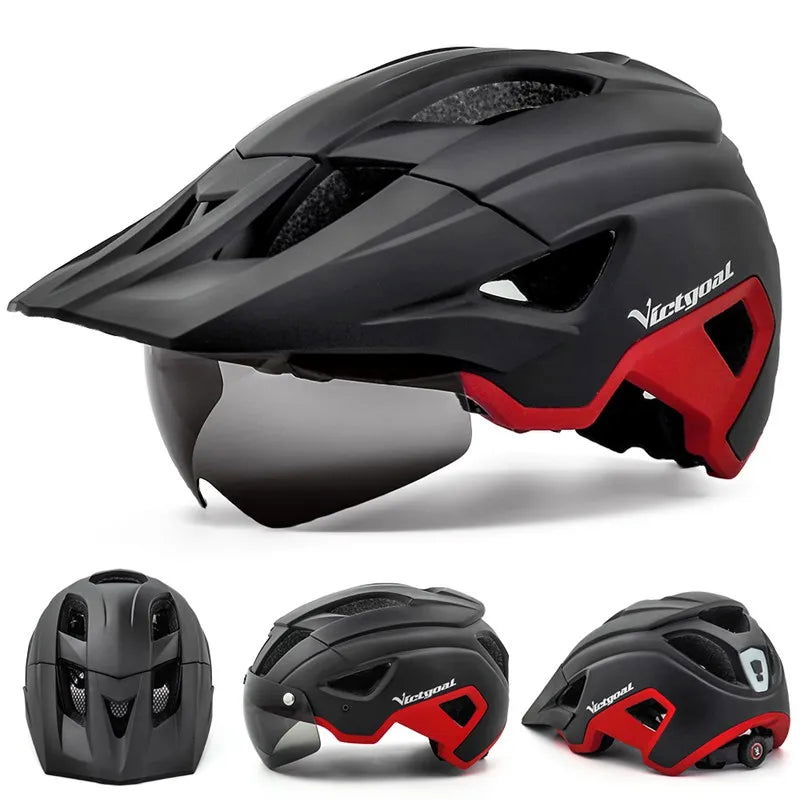 VICTGOAL LED Bike Helmet With Sun Goggle Visor Rechargeable LED Men Bicycle Helmet Sunglasses Shield Road MTB Cycling Helmets - Slobuy