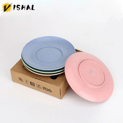 VISHAL Wheat Straw Dish Set Round Rice Plate Creative Home Anti Drop Bone Dish Plastic Fruit Plate Retro Wheat Tableware - Slobuy