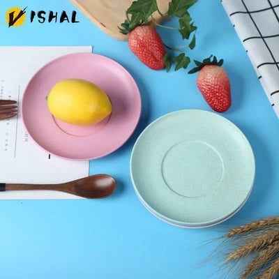 VISHAL Wheat Straw Dish Set Round Rice Plate Creative Home Anti Drop Bone Dish Plastic Fruit Plate Retro Wheat Tableware - Slobuy
