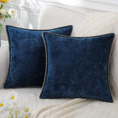 Velvet Chenille Cushion Covers Blue Pillow Cover with Stitched Edge 18x18 Luxury Throw Decorative Pillows for Sofa Home Decro - Slobuy