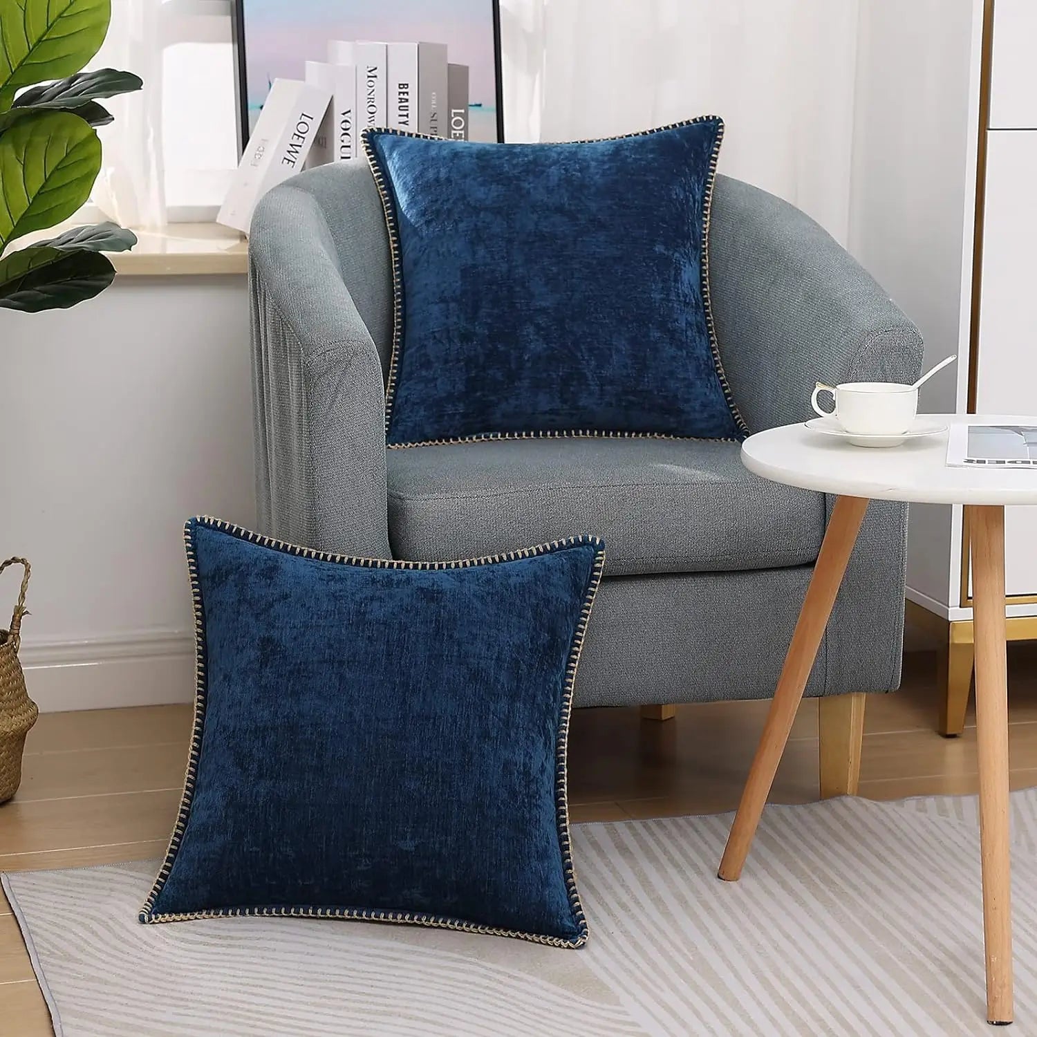 Velvet Chenille Cushion Covers Blue Pillow Cover with Stitched Edge 18x18 Luxury Throw Decorative Pillows for Sofa Home Decro - Slobuy