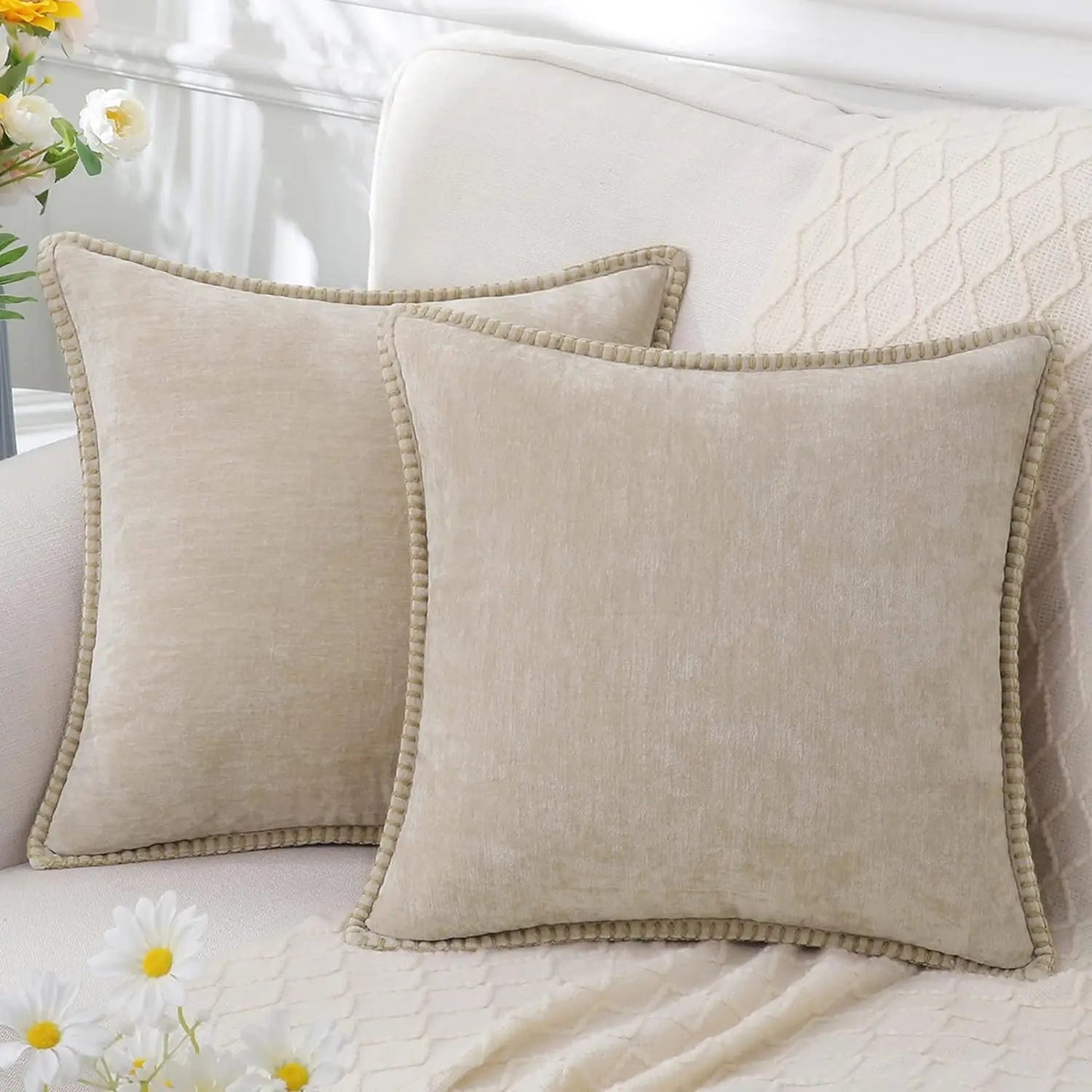 Velvet Chenille Cushion Covers Blue Pillow Cover with Stitched Edge 18x18 Luxury Throw Decorative Pillows for Sofa Home Decro - Slobuy