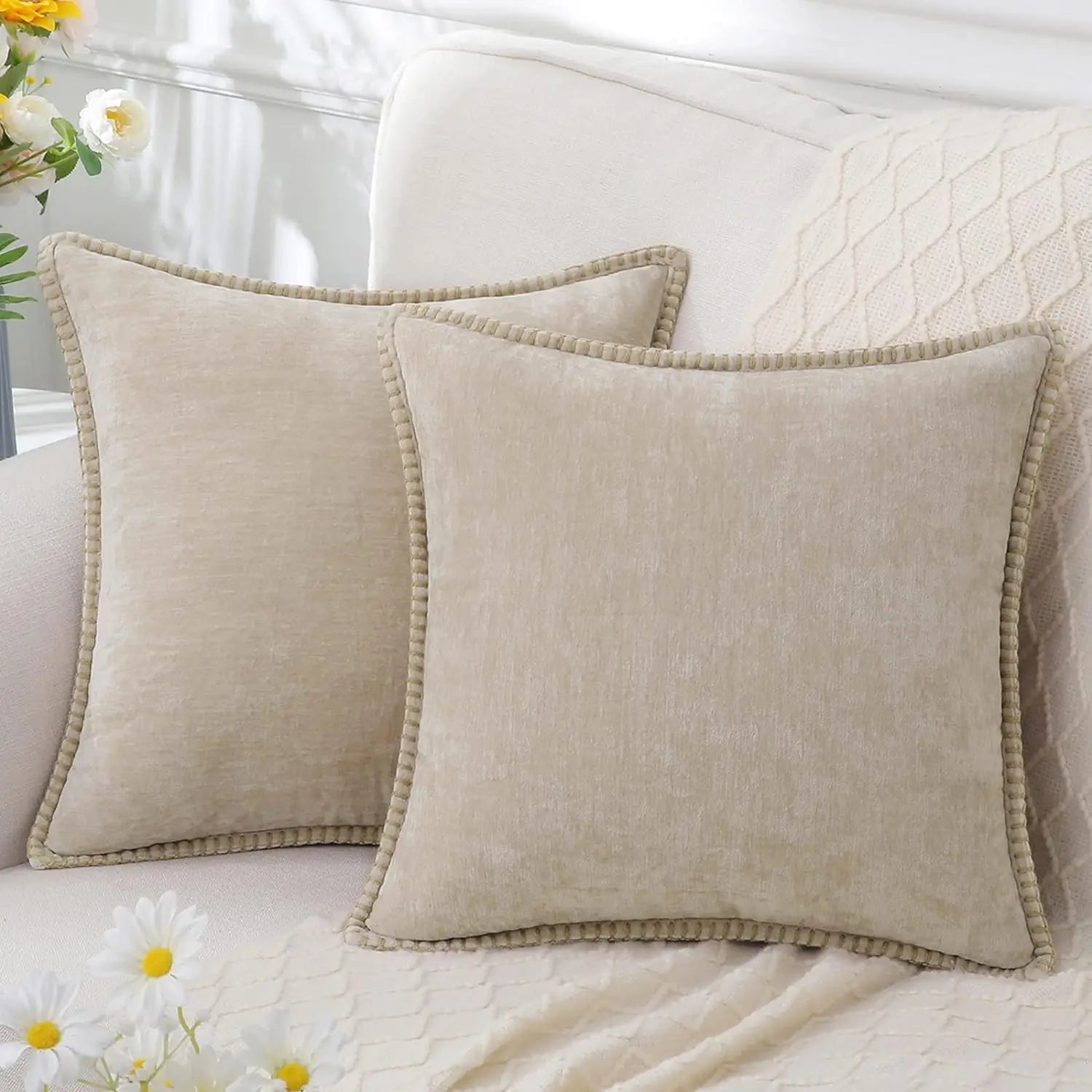 Velvet Chenille Cushion Covers Blue Pillow Cover with Stitched Edge 18x18 Luxury Throw Decorative Pillows for Sofa Home Decro - Slobuy