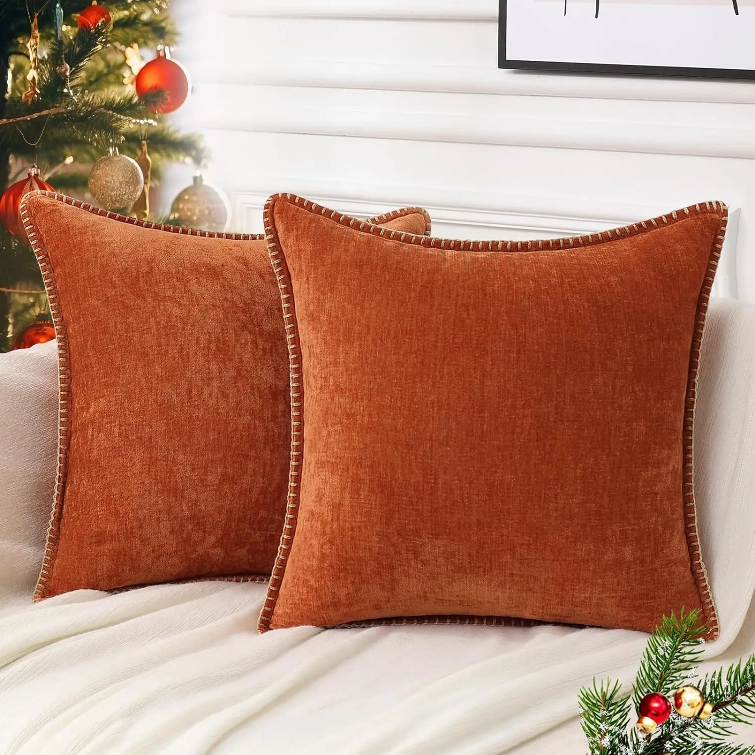 Velvet Chenille Cushion Covers Blue Pillow Cover with Stitched Edge 18x18 Luxury Throw Decorative Pillows for Sofa Home Decro - Slobuy