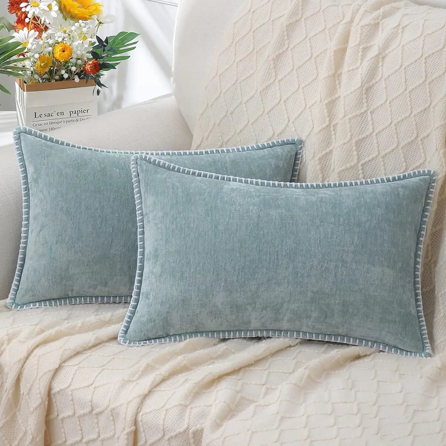 Velvet Chenille Cushion Covers Blue Pillow Cover with Stitched Edge 18x18 Luxury Throw Decorative Pillows for Sofa Home Decro - Slobuy