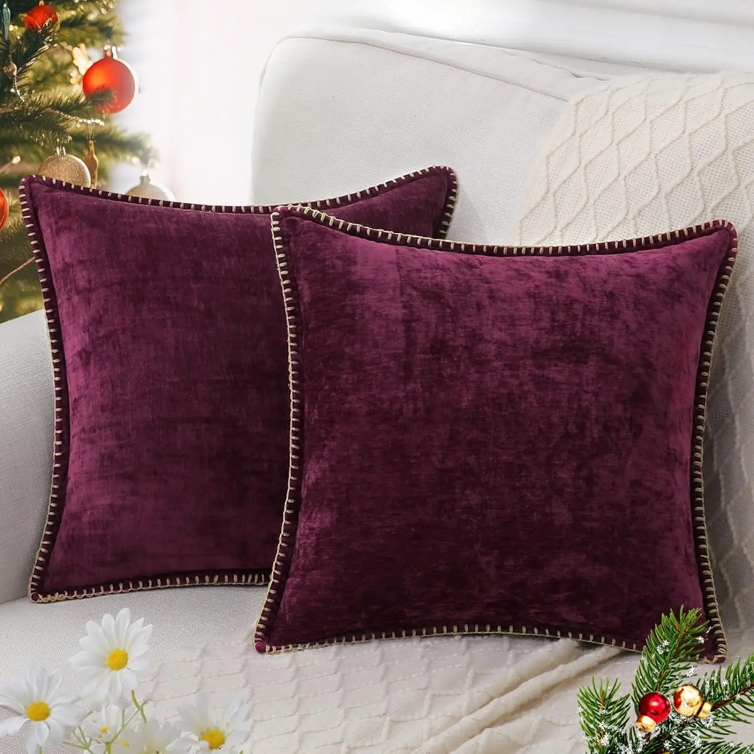 Velvet Chenille Cushion Covers Blue Pillow Cover with Stitched Edge 18x18 Luxury Throw Decorative Pillows for Sofa Home Decro - Slobuy