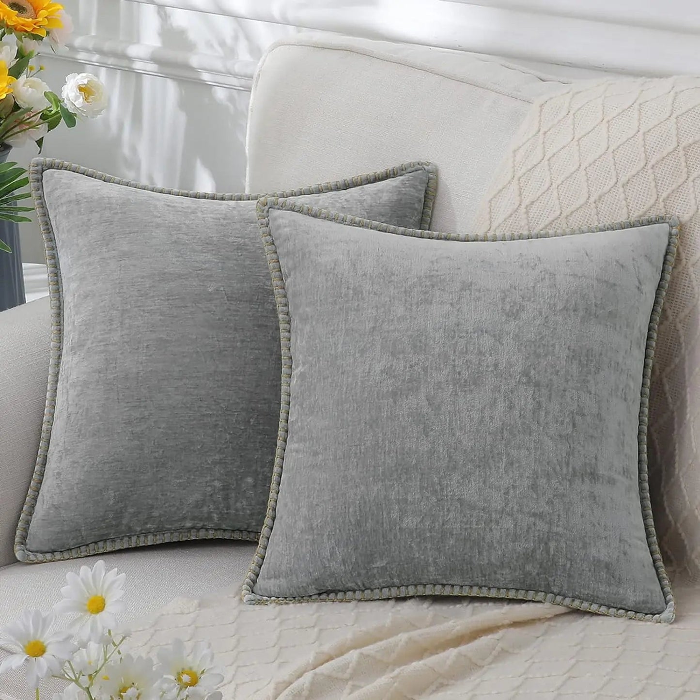 Velvet Chenille Cushion Covers Blue Pillow Cover with Stitched Edge 18x18 Luxury Throw Decorative Pillows for Sofa Home Decro - Slobuy