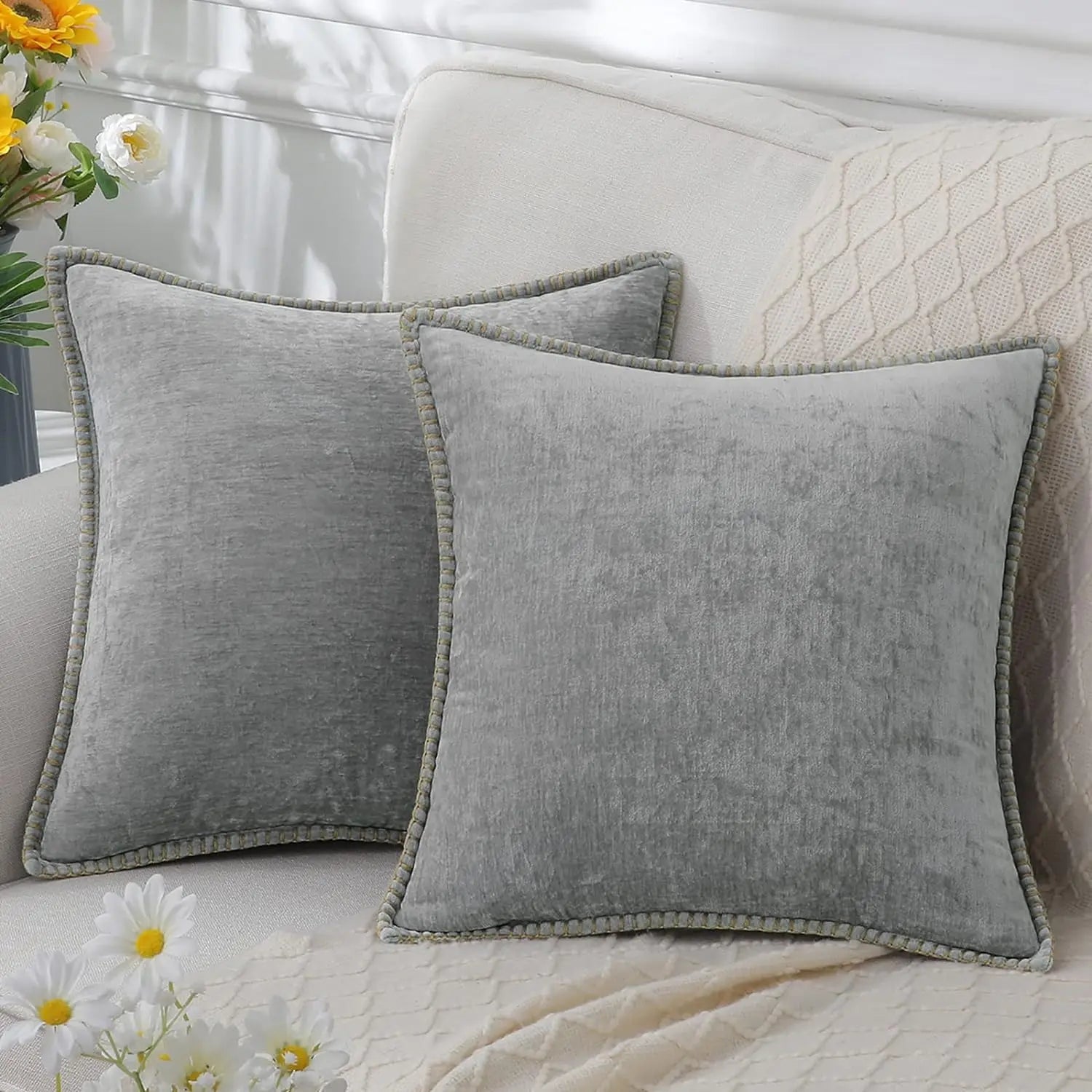 Velvet Chenille Cushion Covers Blue Pillow Cover with Stitched Edge 18x18 Luxury Throw Decorative Pillows for Sofa Home Decro - Slobuy
