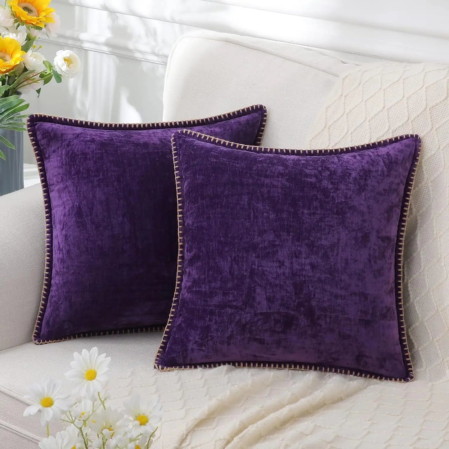 Velvet Chenille Cushion Covers Blue Pillow Cover with Stitched Edge 18x18 Luxury Throw Decorative Pillows for Sofa Home Decro - Slobuy