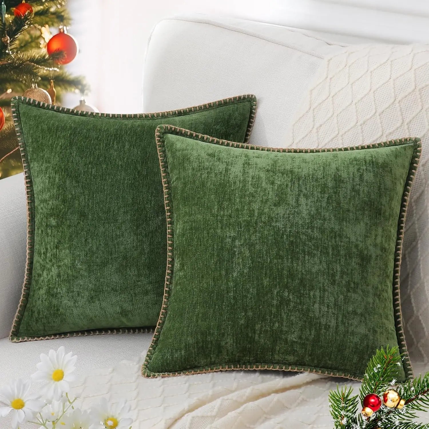 Velvet Chenille Cushion Covers Blue Pillow Cover with Stitched Edge 18x18 Luxury Throw Decorative Pillows for Sofa Home Decro - Slobuy