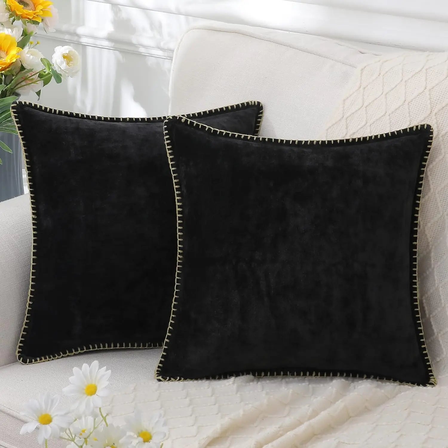Velvet Chenille Cushion Covers Blue Pillow Cover with Stitched Edge 18x18 Luxury Throw Decorative Pillows for Sofa Home Decro - Slobuy