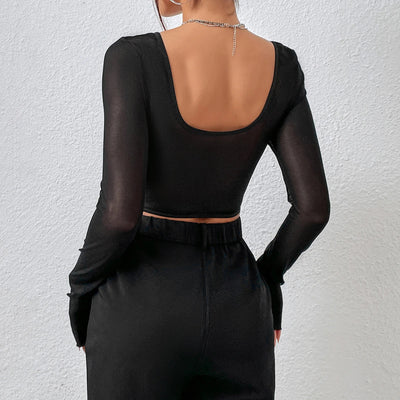Vemina Selection of Autumn Chic Sexy V Neck Long Sleeve Mesh Crop Top, Women Black Lace Embroidery Hollow Out Slim Blouses - Slobuy