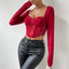 Vemina Selection of Autumn Chic Sexy V Neck Long Sleeve Mesh Crop Top, Women Black Lace Embroidery Hollow Out Slim Blouses - Slobuy