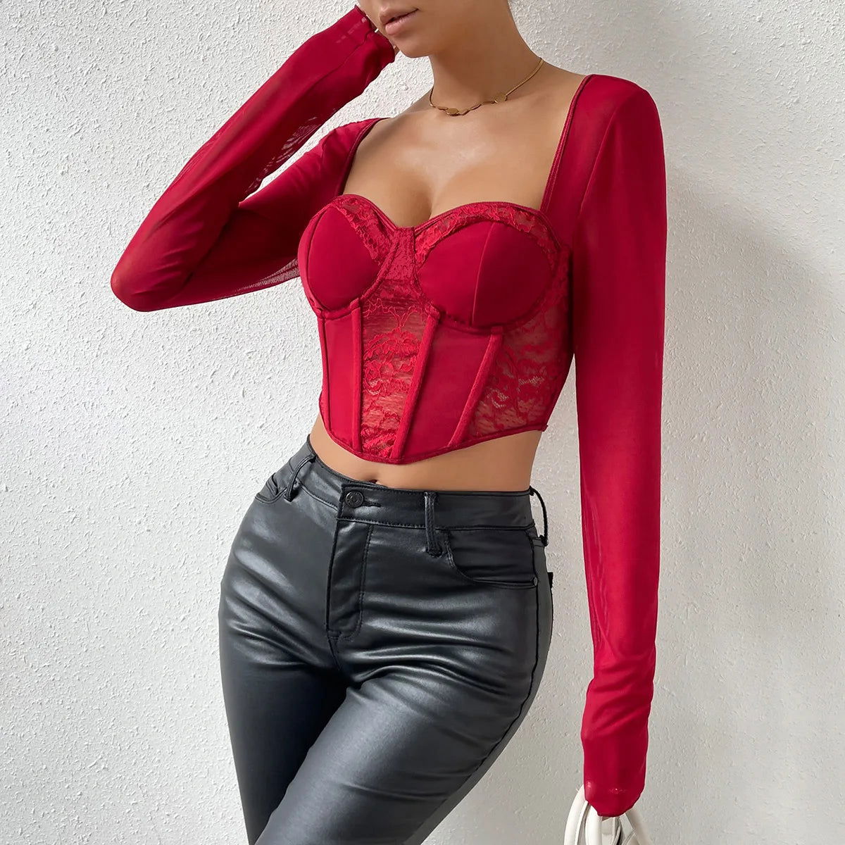 Vemina Selection of Autumn Chic Sexy V Neck Long Sleeve Mesh Crop Top, Women Black Lace Embroidery Hollow Out Slim Blouses - Slobuy