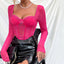 Vemina Selection of Autumn Chic Sexy V Neck Long Sleeve Mesh Crop Top, Women Black Lace Embroidery Hollow Out Slim Blouses - Slobuy