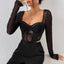 Vemina Selection of Autumn Chic Sexy V Neck Long Sleeve Mesh Crop Top, Women Black Lace Embroidery Hollow Out Slim Blouses - Slobuy
