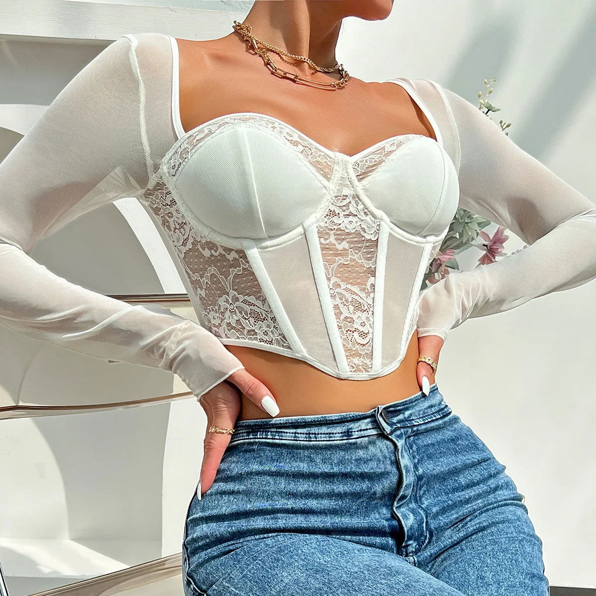 Vemina Selection of Autumn Chic Sexy V Neck Long Sleeve Mesh Crop Top, Women Black Lace Embroidery Hollow Out Slim Blouses - Slobuy
