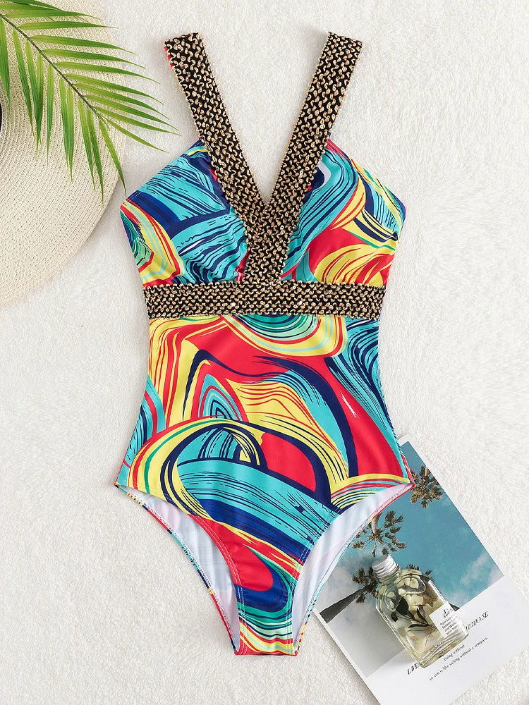Vigoashely 2024 Sexy Print Strapped Swimwear Women Push UP One Piece Swimsuit Monokini Backless Hollow Summer Bathing Suit - Slobuy