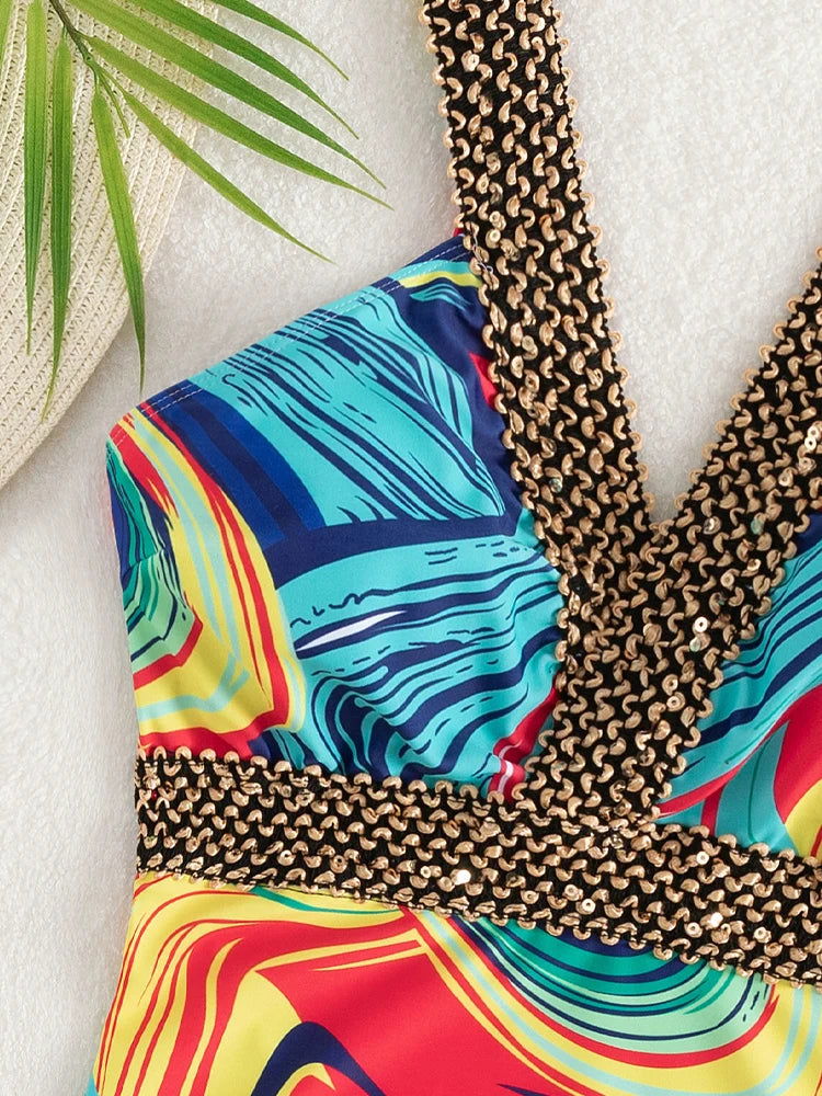 Vigoashely 2024 Sexy Print Strapped Swimwear Women Push UP One Piece Swimsuit Monokini Backless Hollow Summer Bathing Suit - Slobuy