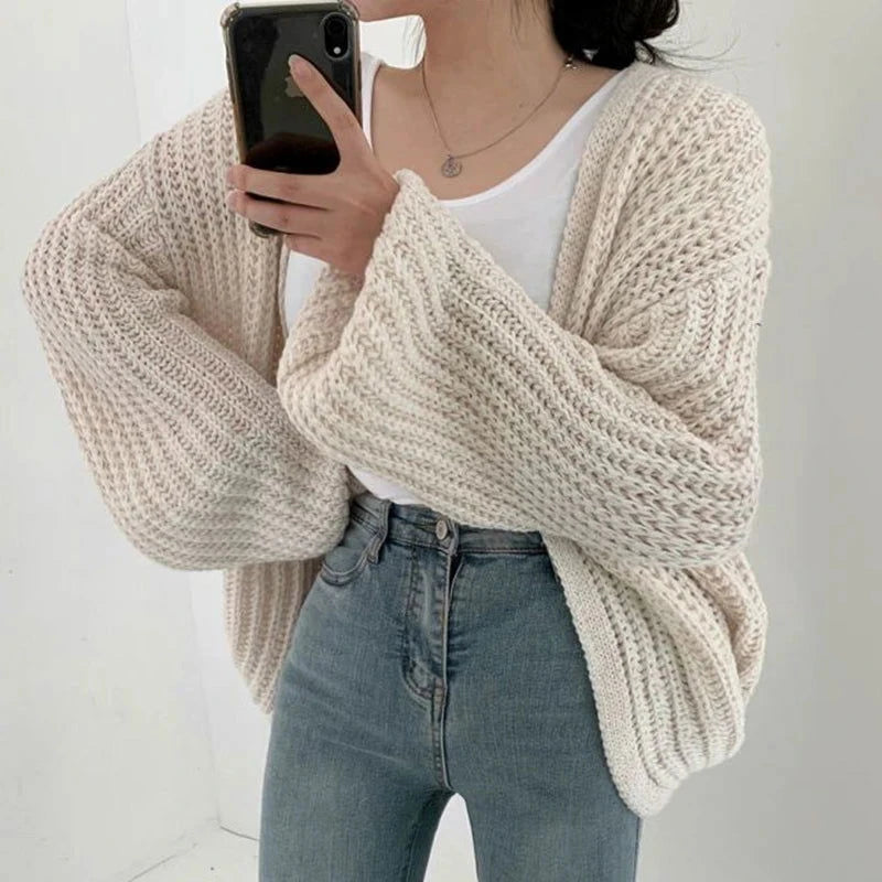 Vintage Harajuku Lantern Sleeve Women Cardigan Sweater Casual Korean Fall Streetwear Tops Coat Chic Lazy Wind Y2k Sweater - Slobuy