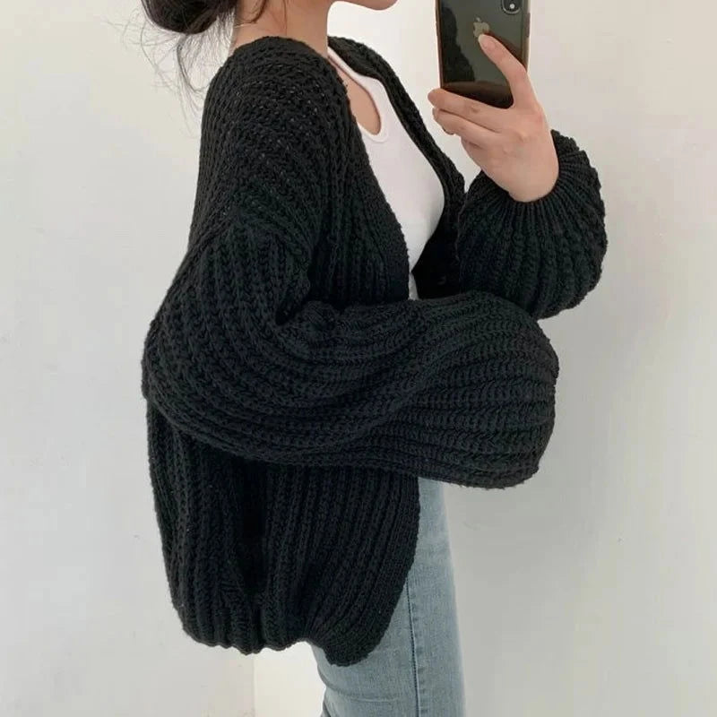 Vintage Harajuku Lantern Sleeve Women Cardigan Sweater Casual Korean Fall Streetwear Tops Coat Chic Lazy Wind Y2k Sweater - Slobuy