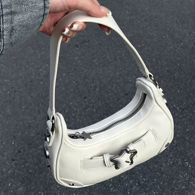 Vintage Korean Casual Cute White Star Shoulder Underarm Tote Bag Ladies Sling Bags Leather Zip Purses  Handbags Women - Slobuy