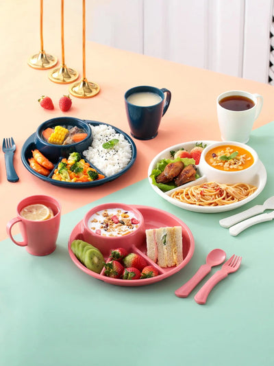 WORTHBUY Reusable Round Dinner Plate With Fork Spoon Kitchen Dinnerware Divided Plates For Adults Children Microwave Safe Dish - Slobuy