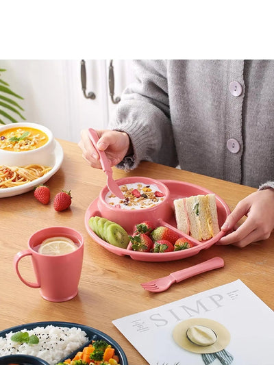 WORTHBUY Reusable Round Dinner Plate With Fork Spoon Kitchen Dinnerware Divided Plates For Adults Children Microwave Safe Dish - Slobuy